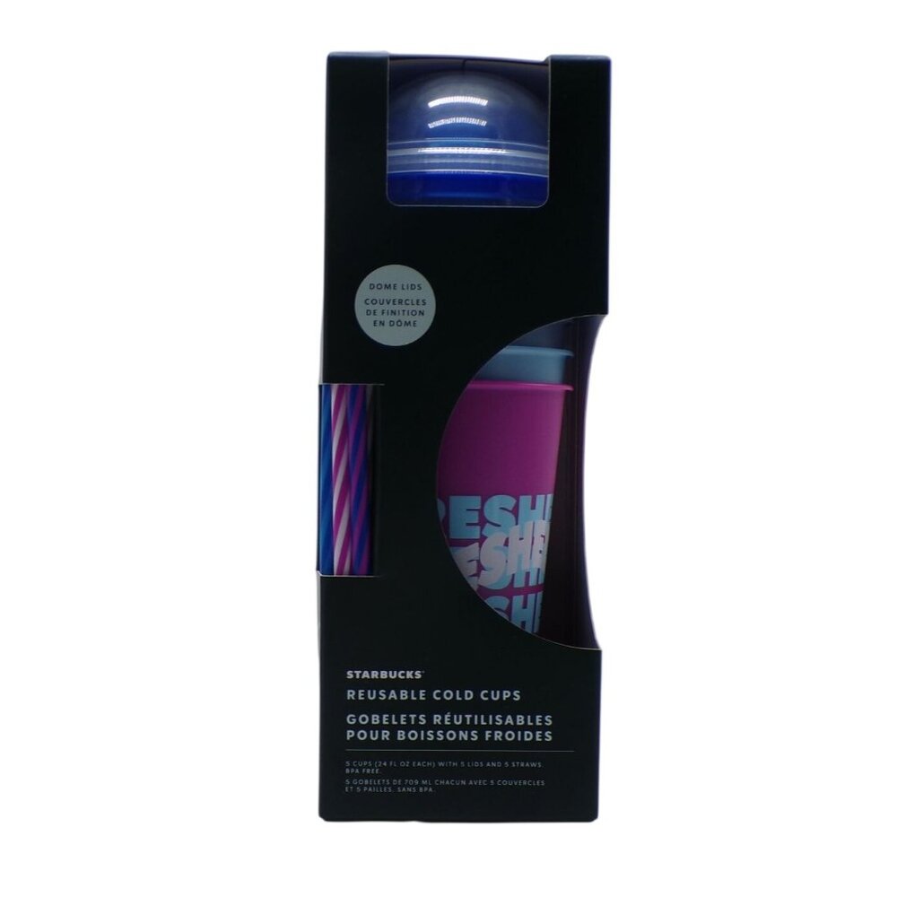 2024 Starbucks 24oz Reusable Cold Cups Set 5 w/Dome Lids Straws BPA Free